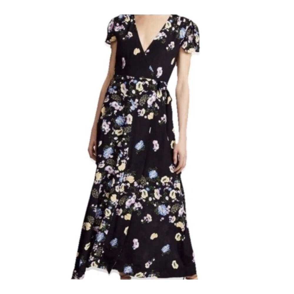Free People Floral Wrap Maxi Dress Womens Size M Black Short Sleeve Tulip Hem